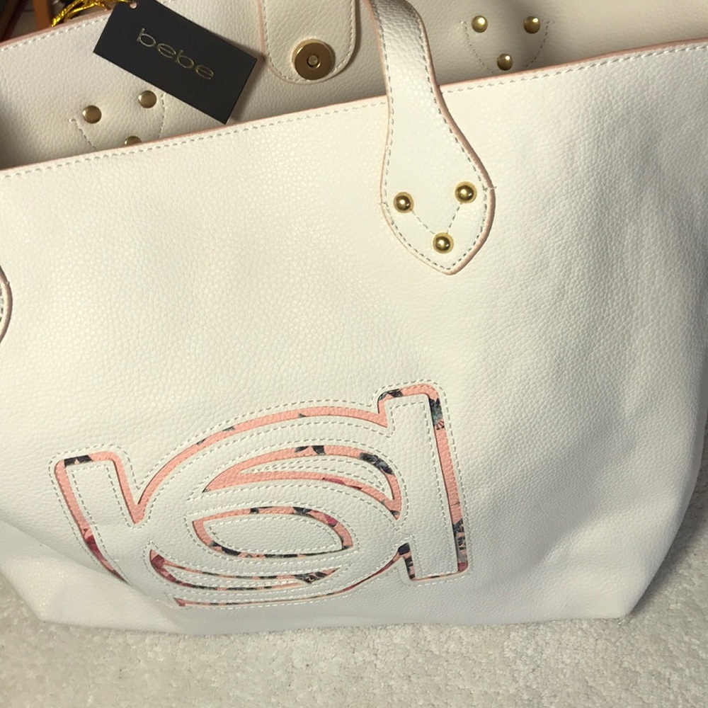 BEBE WHITE/PINK XL TOTE